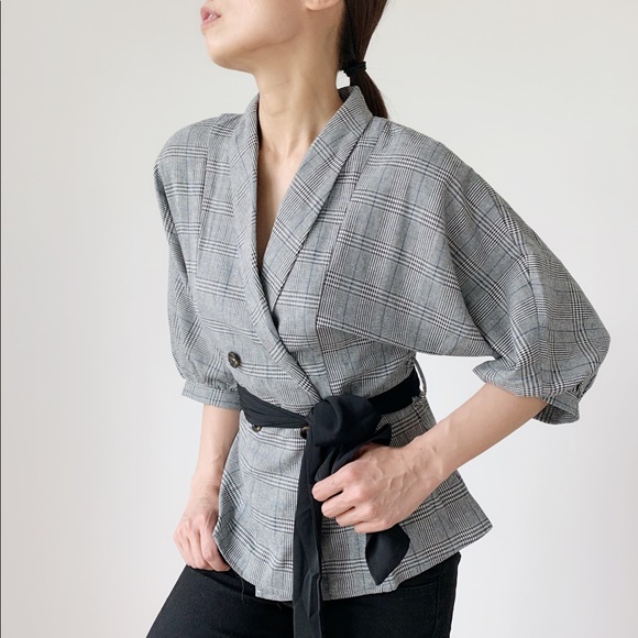 PLAID BELTED TRF BLAZER TOP - Picture 6 of 8